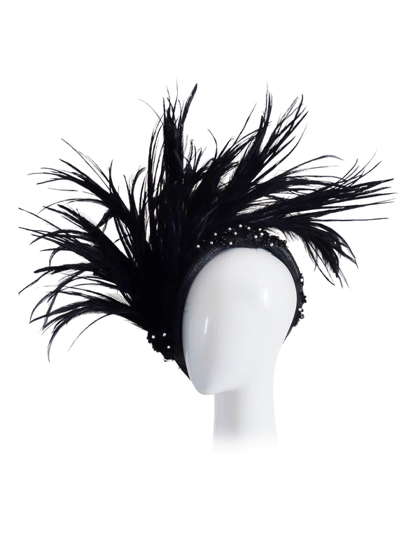 "Miss Russell" Black Beaded Straw Beret Beaded on French Lace With Swarovski Pearls And Statement Feathers