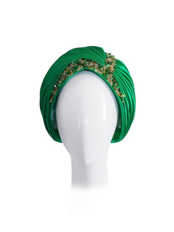 "Grace" Emerald Green Silk Satin Beaded Turban