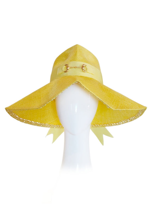 "Arabella" Bright Yellow Modern Vintage Fedora Hat With Gold Horse Bit Embellishment
