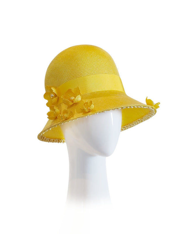 "Daisy" Yellow Button Cap Hand Dyed Vintage Fabric And Pearls