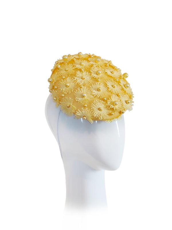 "Yve" Yellow Straw 60's Mod Cap With Handmade Straw Flowers And Pearl Details