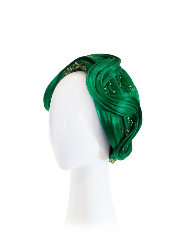 "Liz" Bright Green Silk Abaca Turban Beaded With Semi Precious Stones And Crystals