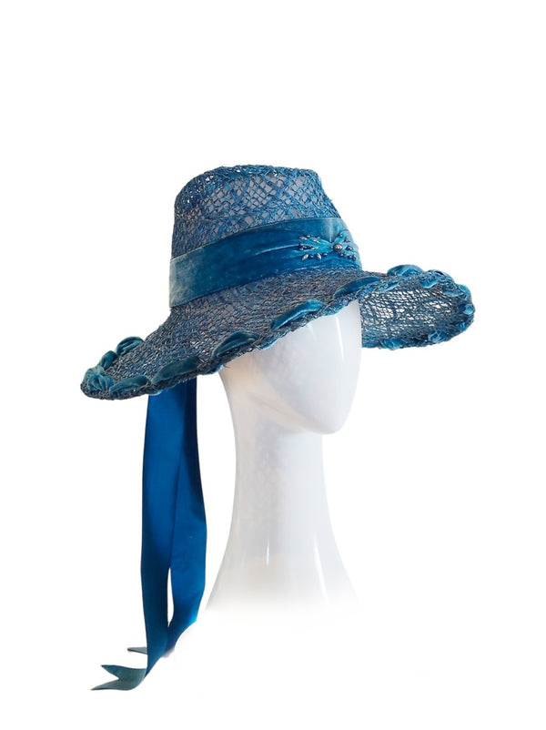 "Bayou" Modern Vintage 60's Fedora Threaded With Vintage Velvet Ribbon And Beaded Pearl Embellisment