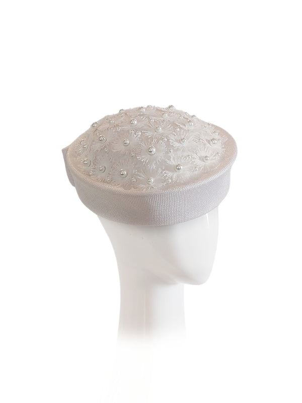"Marguerite" White Sailor Style Beret with Vintage Daisy Fabric and Swarovski Pearl Beading