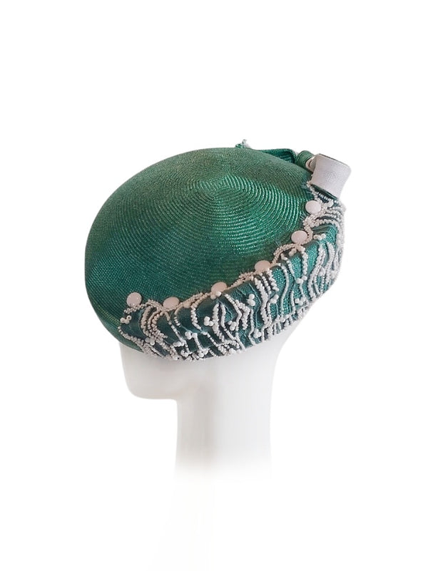 "Verte" Green Curved Beret with Vintage Beaded Fabric and Glass Beads