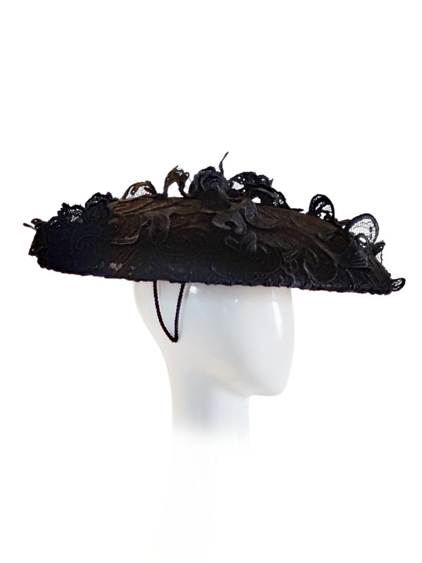 "Sable" Black Sinamay & Guipure Lace Dior Brim Hat with 3D Lace Applique & Jet Beads