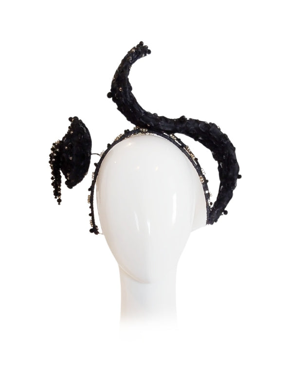 "Josephine" Black Fully Beaded Lace Sculptural Headband with Glass & Seed Beads