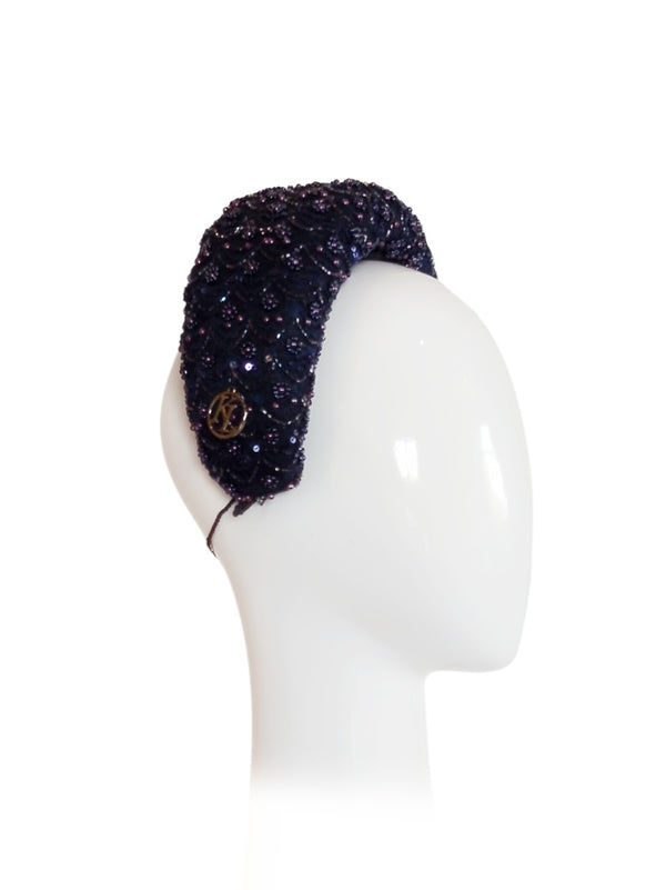 "Azur" Navy Headband Featuring Vintage Beaded Lace & Pearls