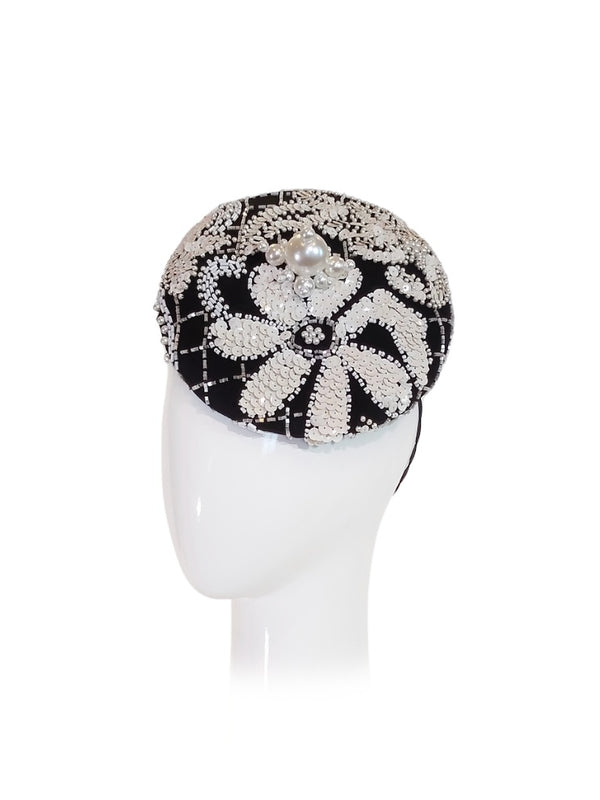 “Miss YSL” Button Cap Hat Covered with Vintage YSL Fabric and Embellished with Swarovski Pearls