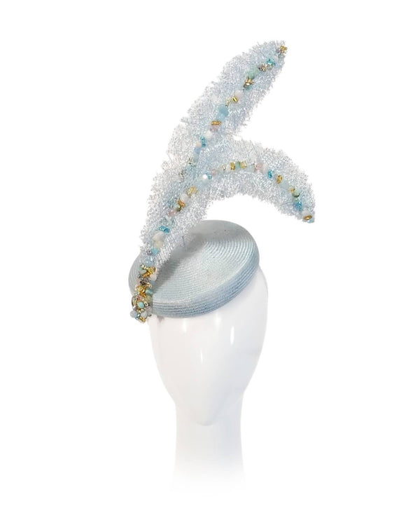 "It Girl Azura" Sky Blue Button Headpiece With Handmade Beaded Feathers