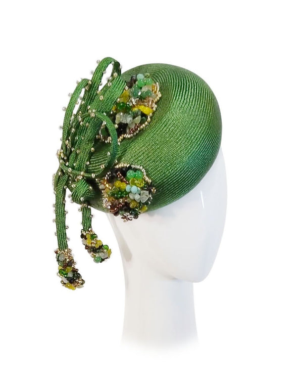 "It Girl Midori" Forest Green Heavily Beaded "3 way wearing" Hostess Hat