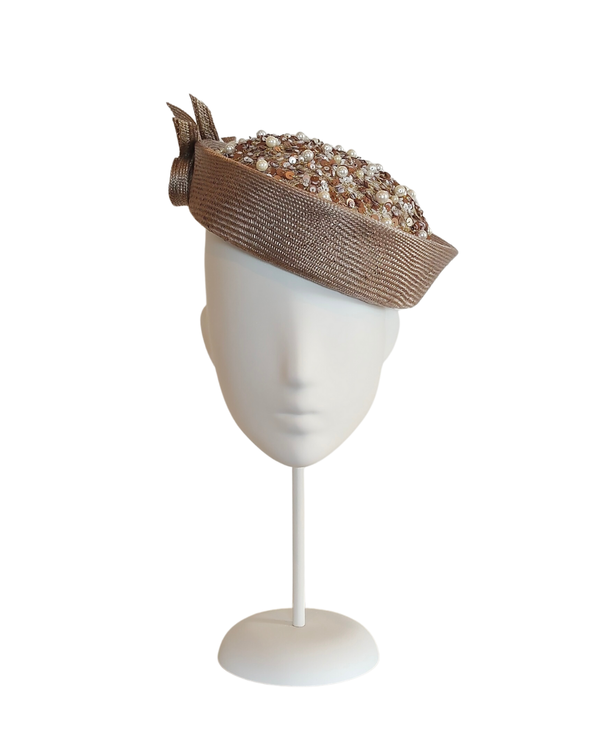 "Le Biege" Parasisal Straw Sailor Beret in Taupe Embellished with Beaded Sequin & Pearl Fabric