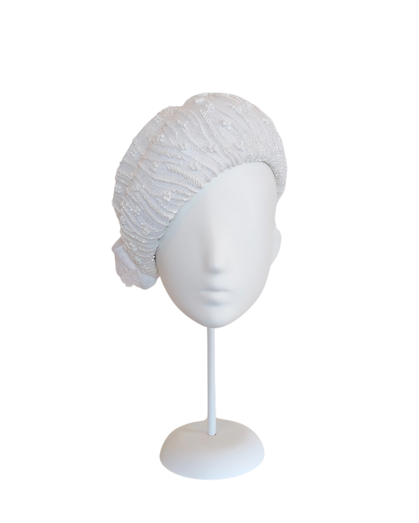 "Juliet" White Beaded Lace Beret on Viscose Straw Covered with Vintage Lace and Seed Beads