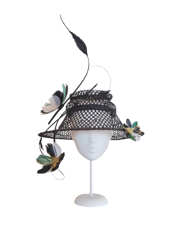 "Flower Power" XL Black Rattan Straw Bucket Style Brimmed Hat with Handmade Feather Flowers and Feather Quills