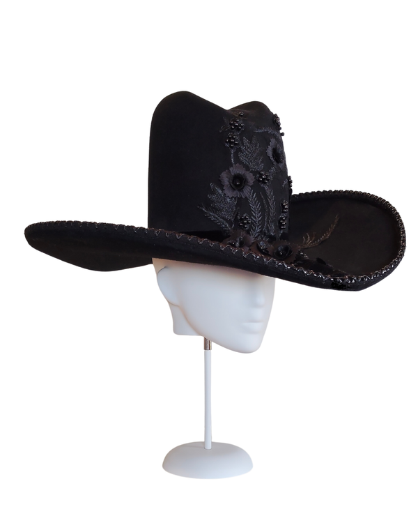 "Yee Haw" Giant Black Wool Felt Cowboy Hat (XL 61cm Headsize) with Beaded Lace Embellishments