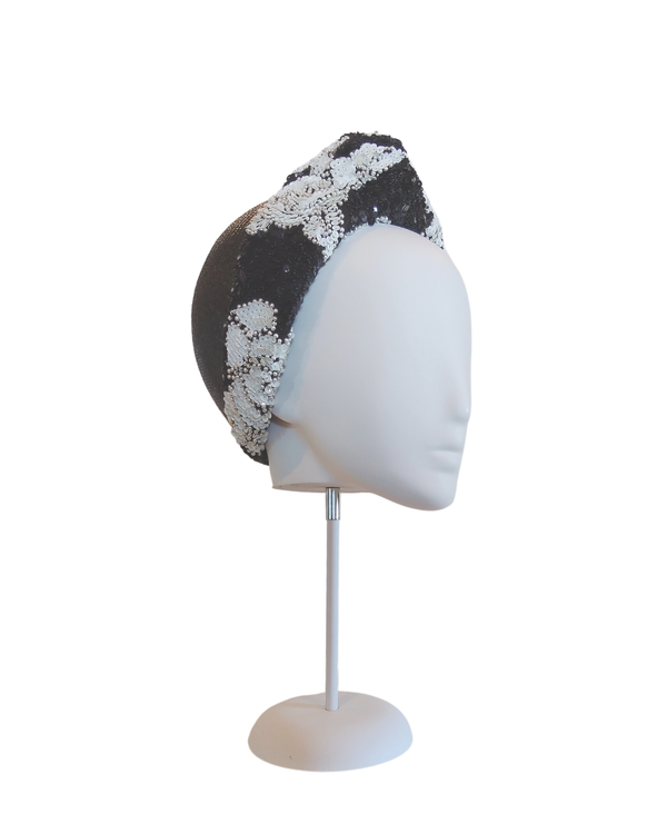 "Carmen" Black & White Sequin Beaded Turban on Viscose Straw Covered with Vintage Tadashi Fabric