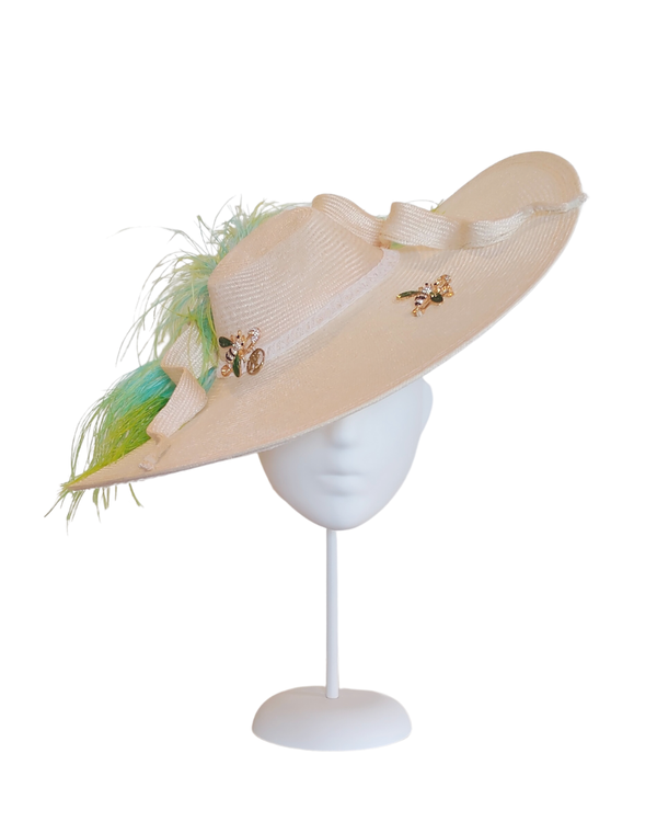 "Clementine" Ivory Straw 1940's Brim Hat with Straw and Ostrich Feather Embellishment