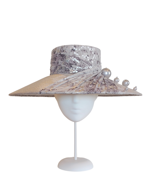"Royal Ascot" Grey Parasisal Straw Boater Hat with Silver Snaeskin Fabric & Oversized Pearl Embellishments