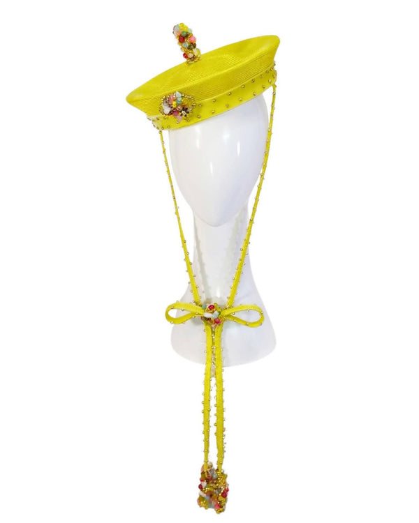 "It Girl Aurelia" Bright Yellow Beaded Sailor Beret with Beaded Neck Tie and Bow