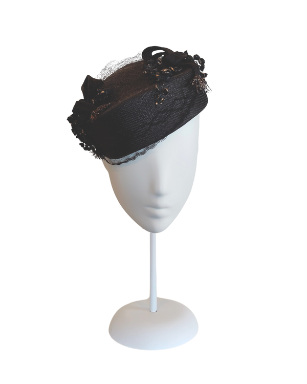 "Suki" Black Viscose Beret with Sculpted Straw Details and Vintage Veiling and Flowers