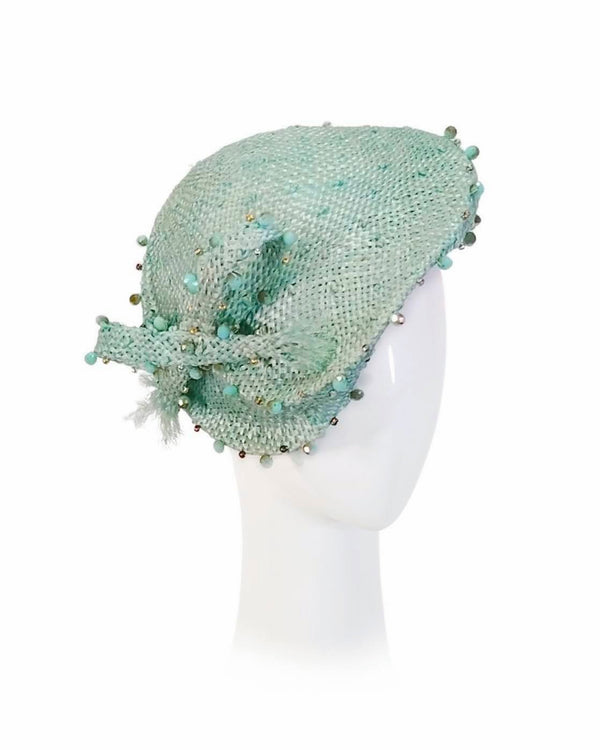 "It Girl Kasumi" Aqua Beaded Side Sitting Capulette With Beaded Bow Embellishment.