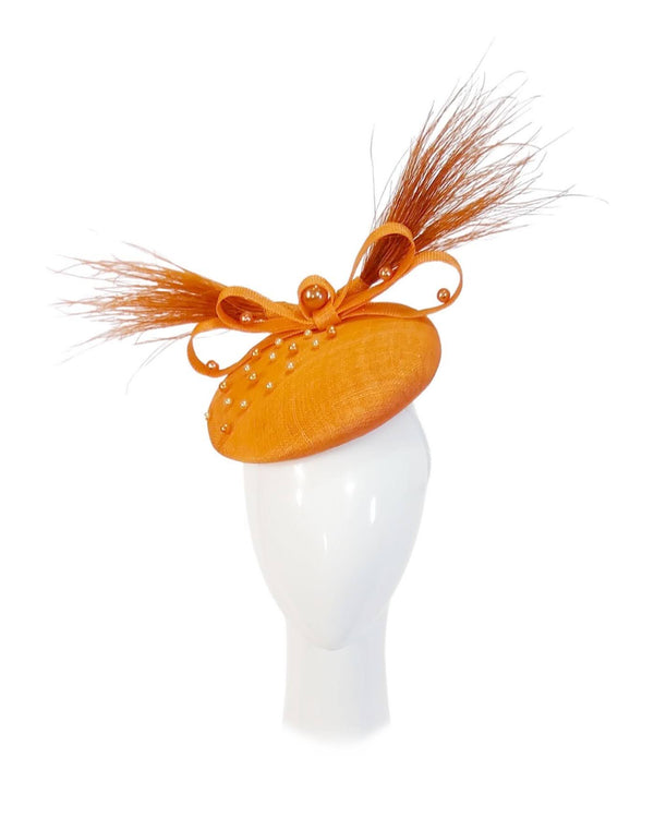 "It Girl Kitsu" Tangerine Pearl Beaded Sinamay Headpiece