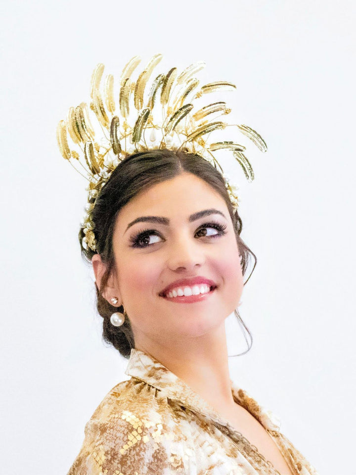 "Emma Pearl" Gold Metallic Leaf & Pearl Double Headband Crown - Love Lee Boutique - Sydney Australia