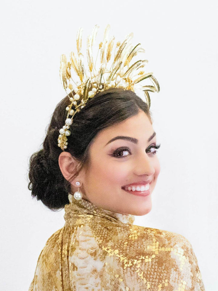 "Emma Pearl" Gold Metallic Leaf & Pearl Double Headband Crown - Love Lee Boutique - Sydney Australia