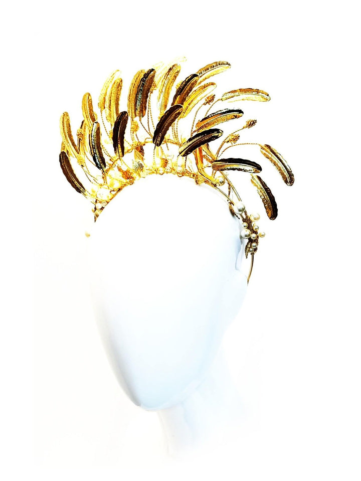 "Emma Pearl" Gold Metallic Leaf & Pearl Double Headband Crown - Love Lee Boutique - Sydney Australia