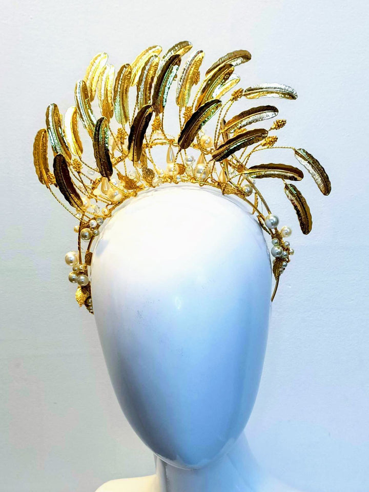 "Emma Pearl" Gold Metallic Leaf & Pearl Double Headband Crown - Love Lee Boutique - Sydney Australia