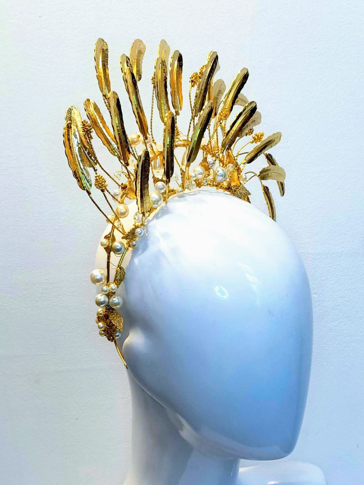 "Emma Pearl" Gold Metallic Leaf & Pearl Double Headband Crown - Love Lee Boutique - Sydney Australia