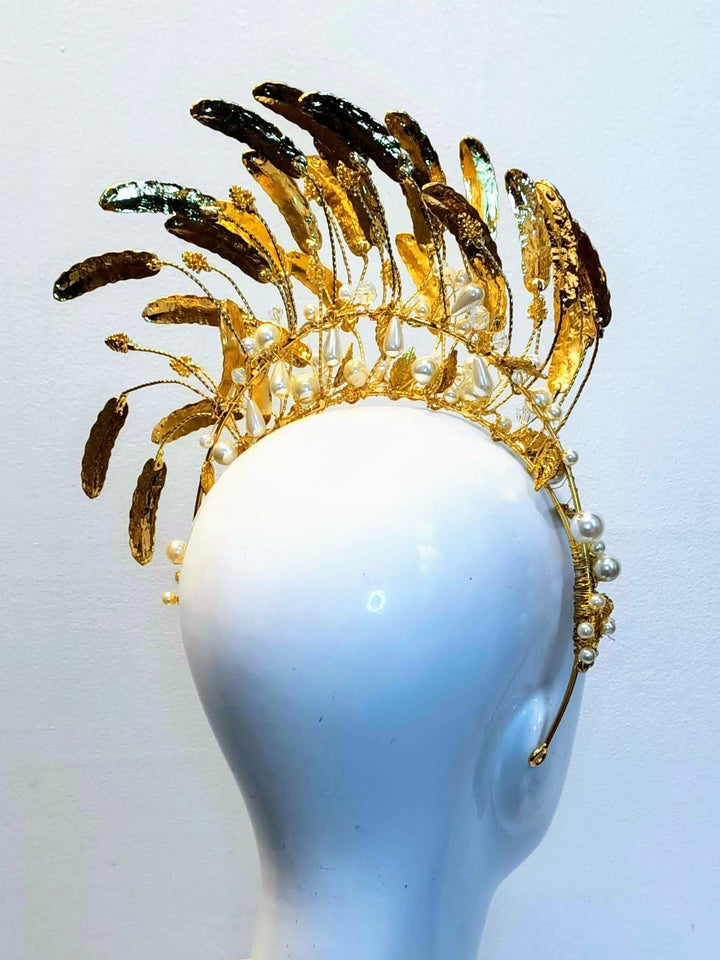 "Emma Pearl" Gold Metallic Leaf & Pearl Double Headband Crown - Love Lee Boutique - Sydney Australia