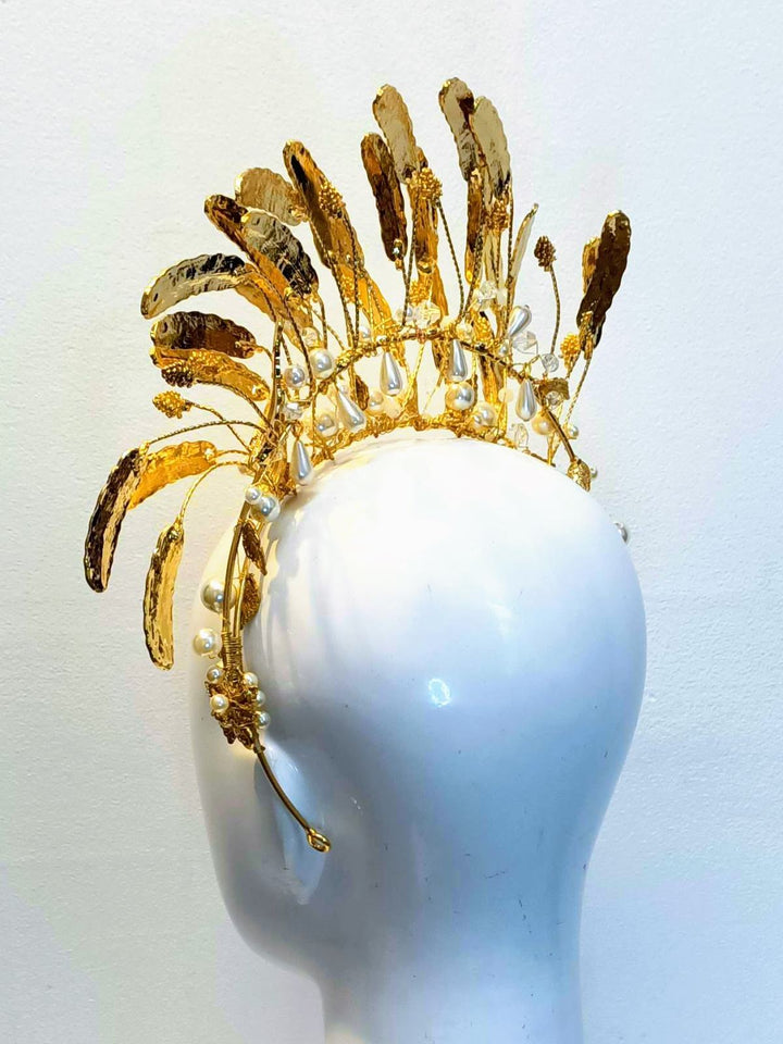 "Emma Pearl" Gold Metallic Leaf & Pearl Double Headband Crown - Love Lee Boutique - Sydney Australia